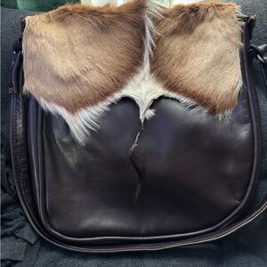 Brown Leather Men's Bag with Fur Accent